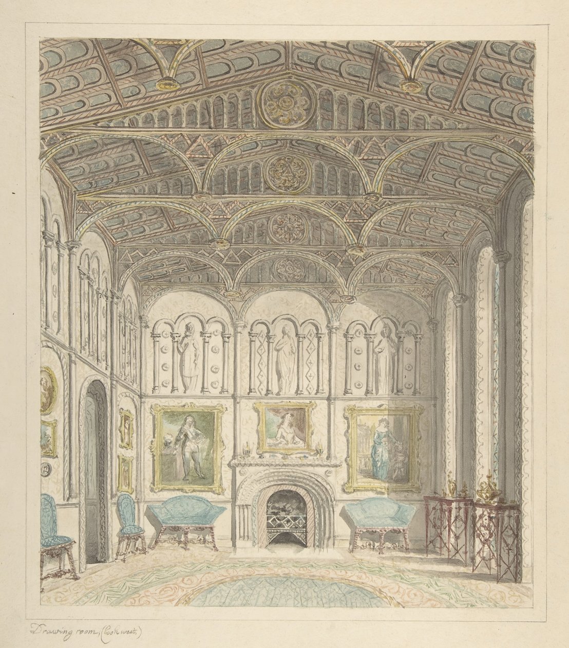 Lea kastély rajzterme, Nyugatra nézve, kb. 1816. alkotó: John Carter.