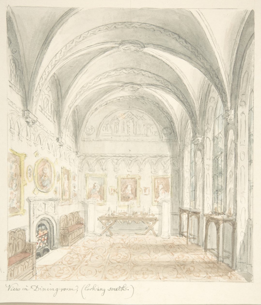 Lea kastély, Worcestershire, ebédlő délre néz, kb. 1816. alkotó: John Carter.