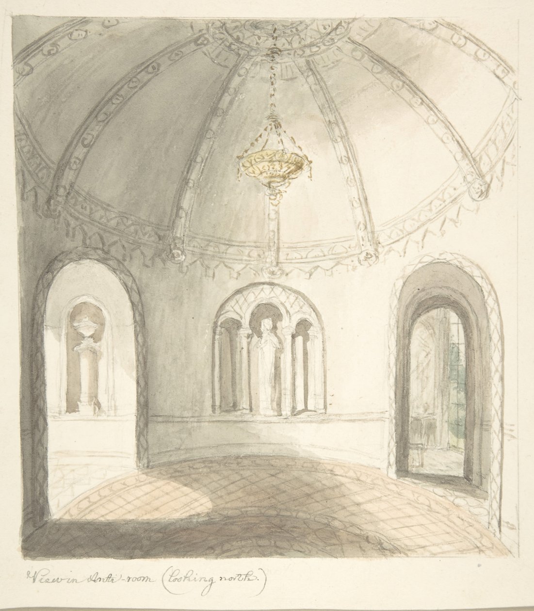 Lea kastély, Worcestershire, kilátás az előszobából, északra néz, kb. 1816. alkotó: John Carter.