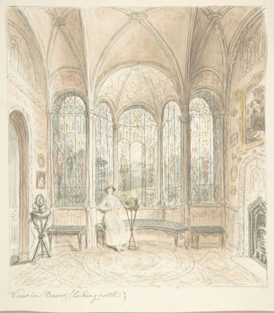 Lea kastély, Worcestershire, kilátás Bowerben, északra néz, kb. 1816. alkotó: John Carter.