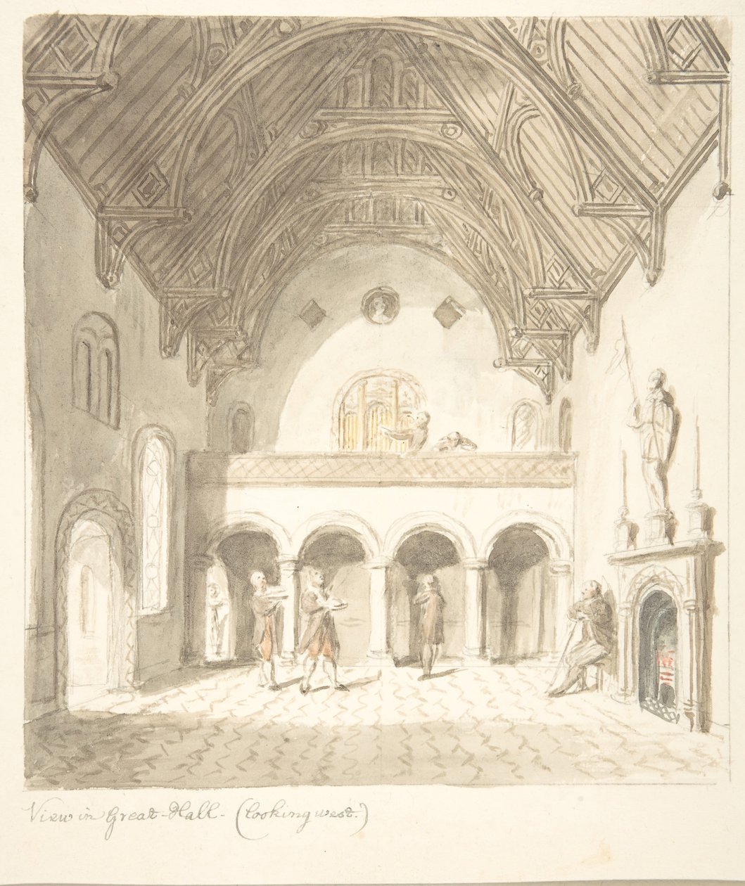 Lea kastély, Worcestershire, Kilátás a nagyteremben, Nyugatra néz, kb. 1816. alkotó: John Carter.