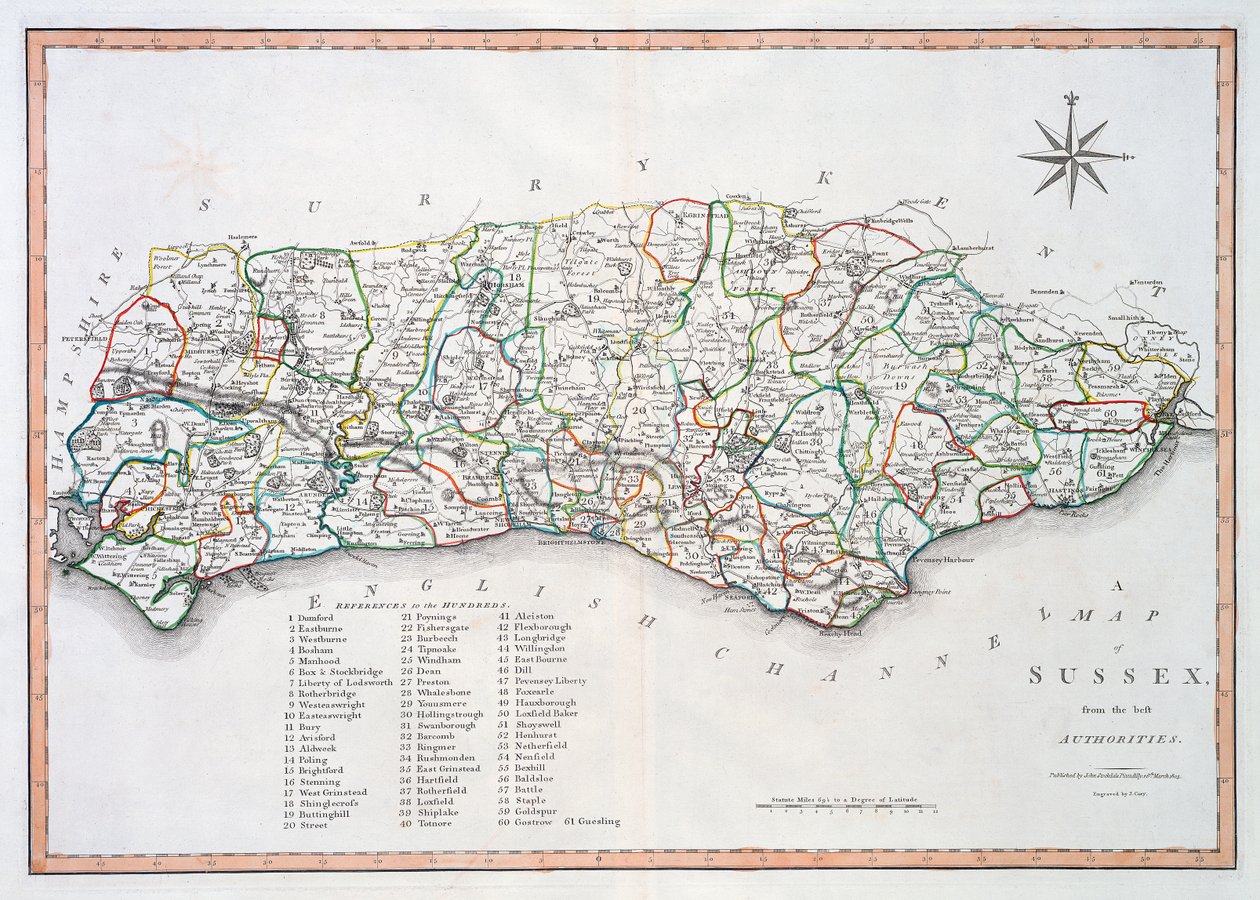 Sussex térképe, 1805. március 26. (kézzel színezett metszet) alkotó: John Cary