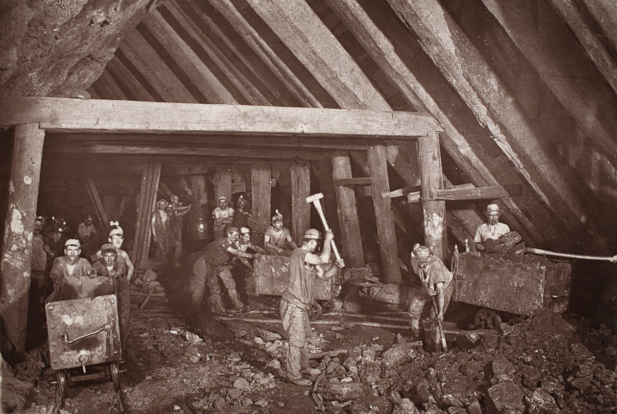 A 412-es, Dolcoath-bánya, illusztráció a „Mongst bányák és bányászok, vagy a Flash-Light földalatti jelenetei” című művéből, J.C. Burrows és William Thomas, pub. 1893 (szépia fotó) alkotó: John Charles Burrow