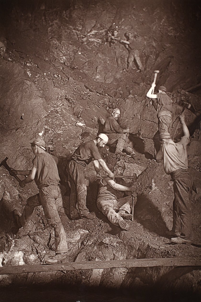 Underhand Stoping, East Pool bánya, illusztráció a „Mongst mines and miners, or Underground Scenes by Flash-Light” című művéből, J.C. Burrows és William Thomas, pub. 1893 (szépia fotó) alkotó: John Charles Burrow