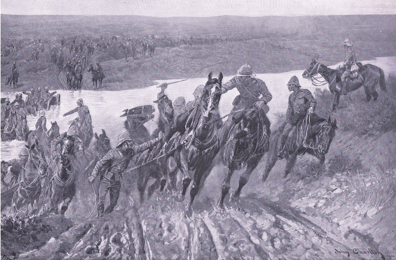 Tüzérség a caledon felé a Kareepoort Driftben, illusztráció az After Pretoria: The Guerilla War című filmből, 1902 alkotó: John Charlton