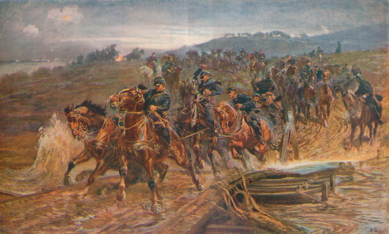 Francia tüzérség átkelés az Aisne folyón, 1914. szeptember, 1915. 1928. alkotó: John Charlton