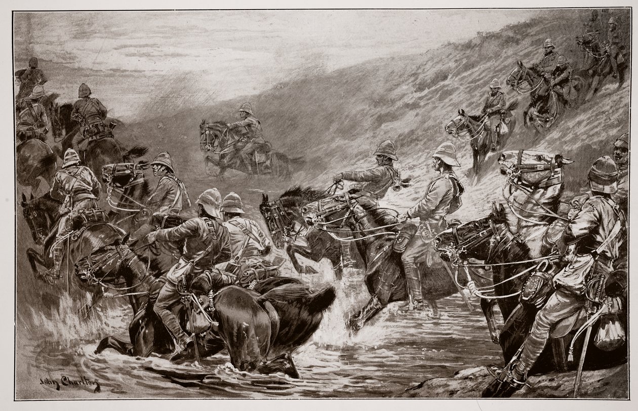 The Dash for Kimberley – A 10. huszárok átkelnek a klippsodródáson, G.D. Giles vázlata (fl.1890) után alkotó: John Charlton