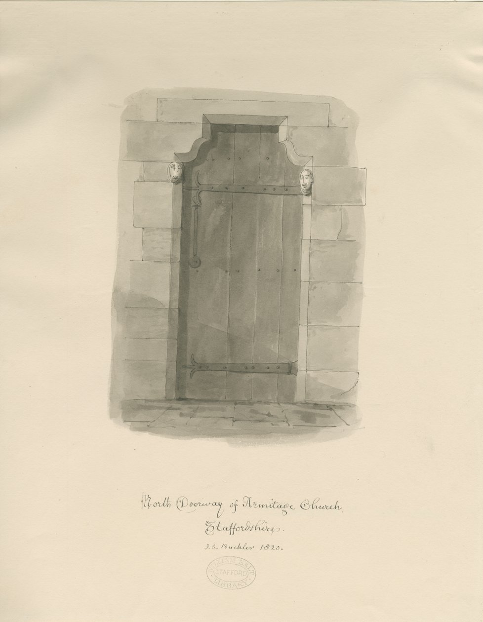 Armitage templom - Északi ajtó: szépia rajz alkotó: John Chessell Buckler