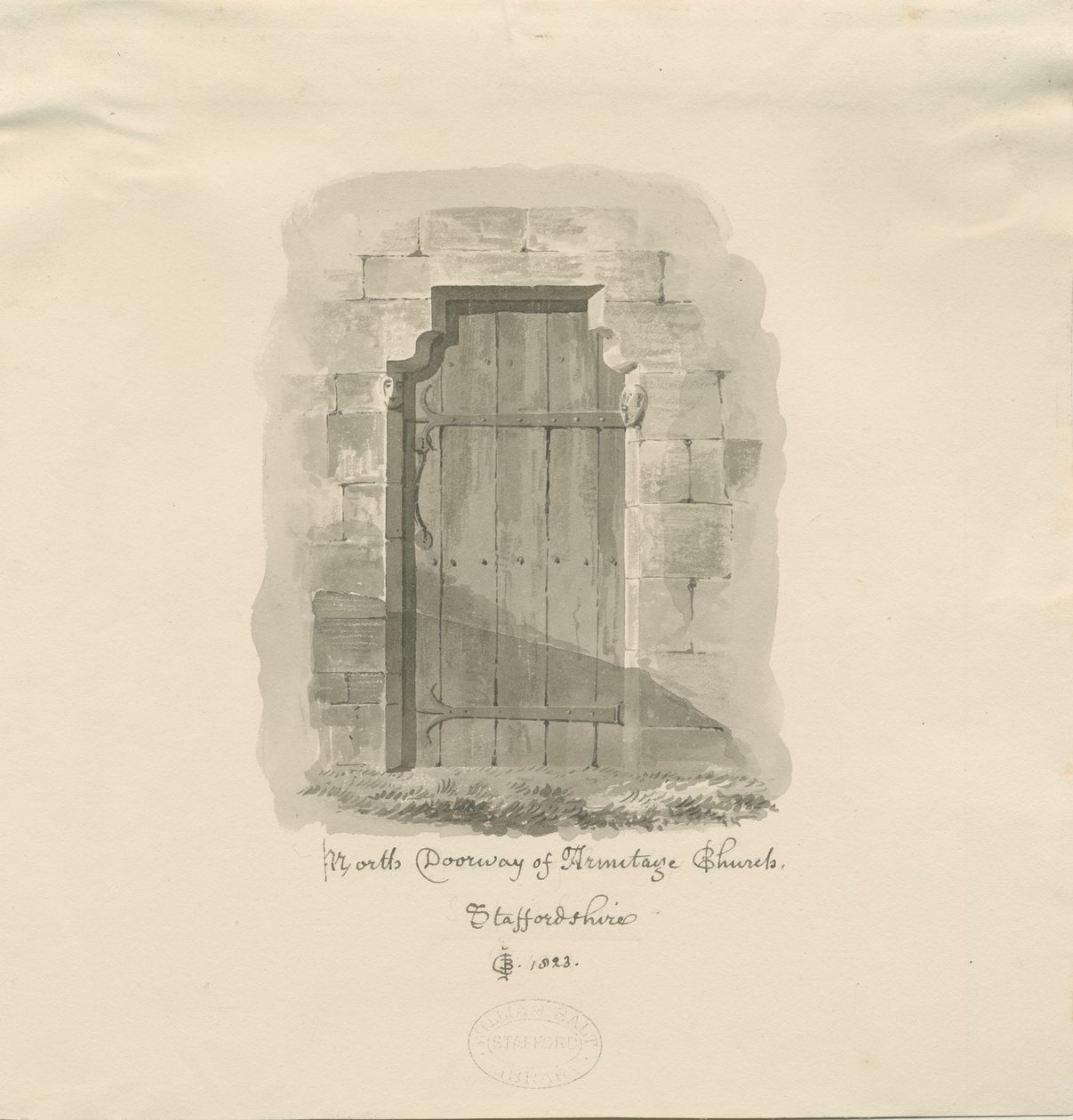 Armitage templom – Északi ajtó: szépia rajz, 1823 alkotó: John Chessell Buckler
