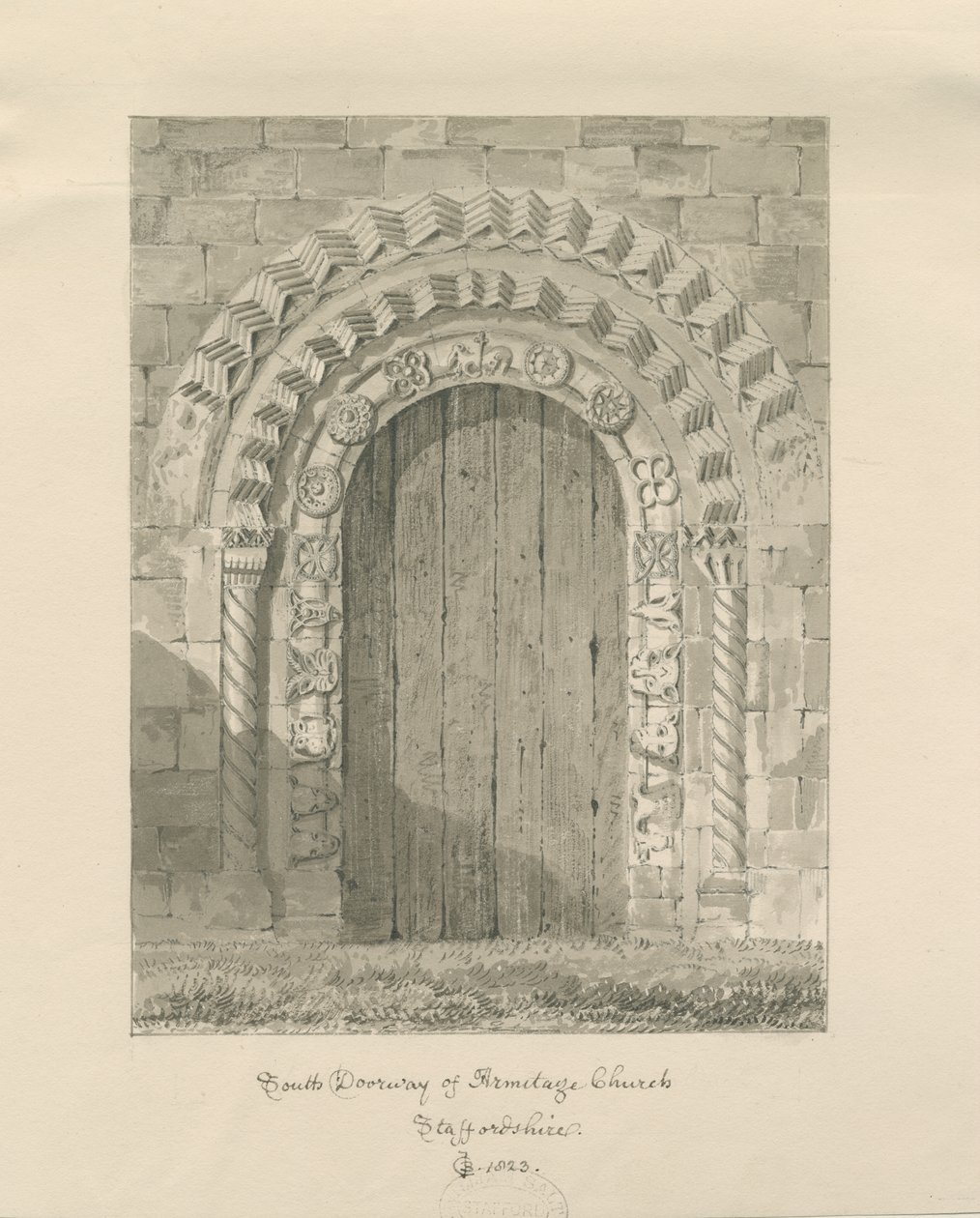 Armitage templom - Déli ajtó: szépia rajz, 1823 alkotó: John Chessell Buckler