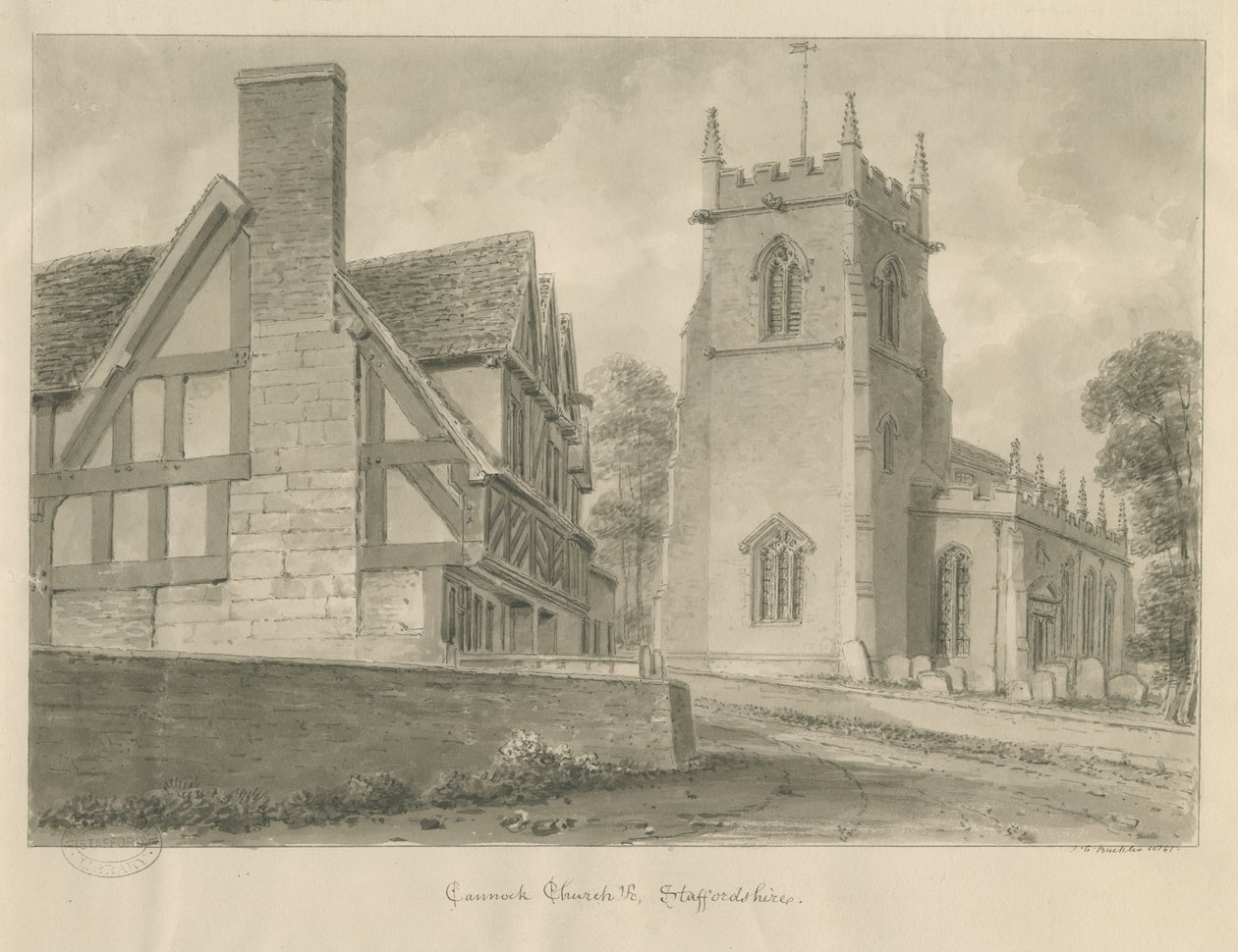 Cannock templom: szépia rajz, 1841 alkotó: John Chessell Buckler