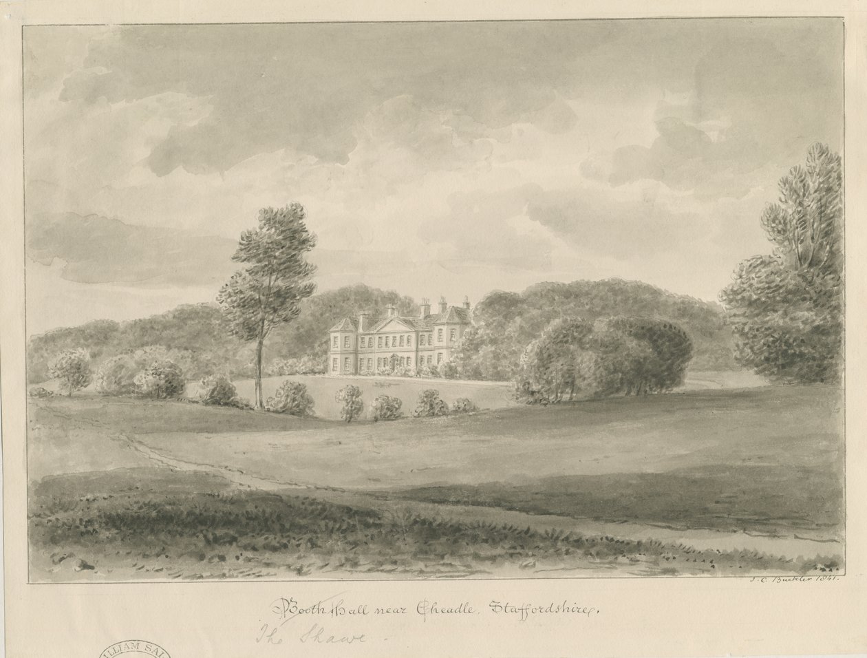 Cheadle - Booth Hall ("The Shawe"): szépia mosás rajz alkotó: John Chessell Buckler