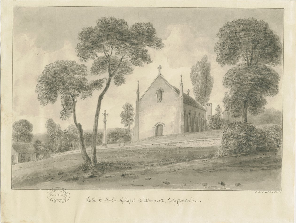 Cresswell – Draycott-in-the-Moors katolikus kápolna: szépia rajz, 1841 alkotó: John Chessell Buckler