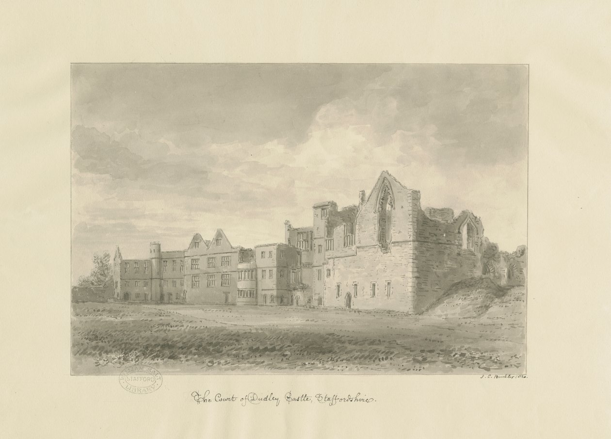 Dudley kastély – Udvari udvar: szépia rajz, 1820 alkotó: John Chessell Buckler