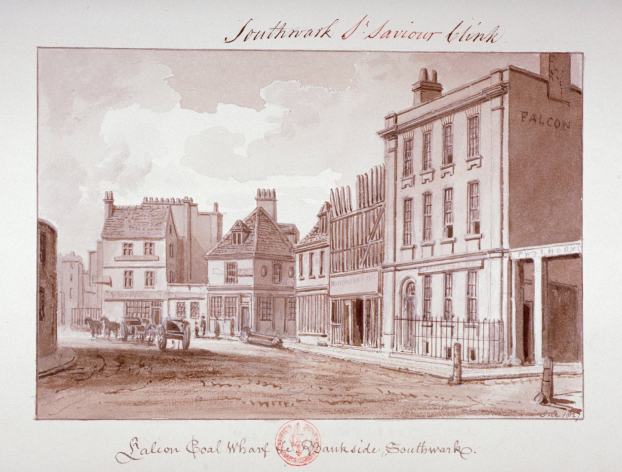 „Falcon Coal Wharf, Bankside, Southwark”, London, 1827 alkotó: John Chessell Buckler