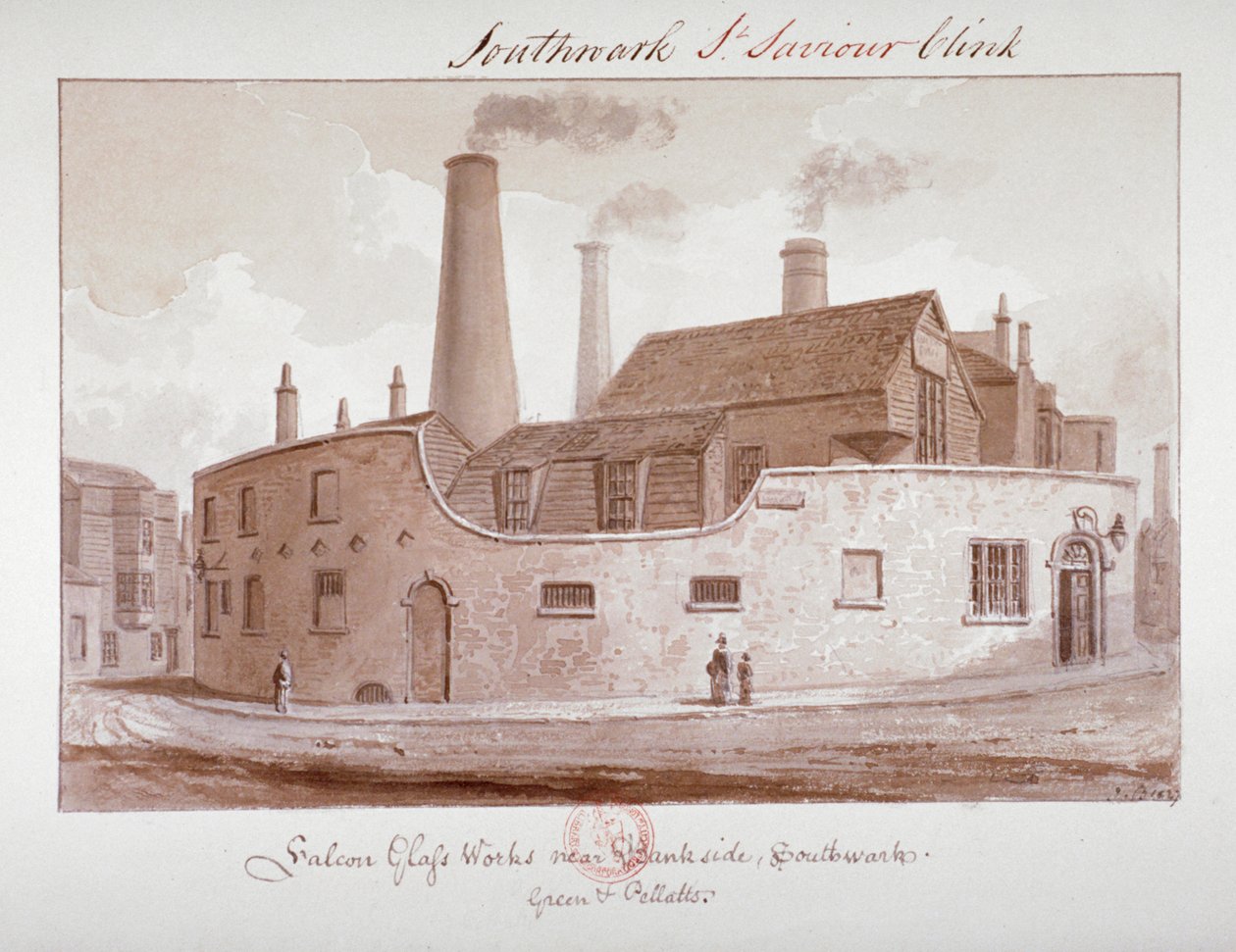 „Falcon Glass Works near Bankside, Southwark”, London, 1827 alkotó: John Chessell Buckler