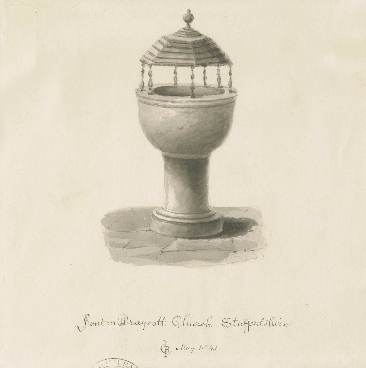 Betűtípus a Draycott in the Moors Churchben: szépia rajz alkotó: John Chessell Buckler