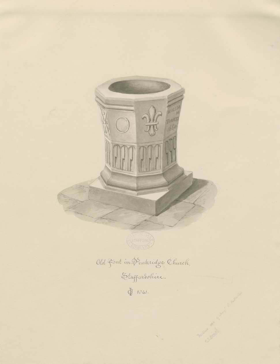 Betűtípus a Penkridge Churchben: szépia rajz, 1841 alkotó: John Chessell Buckler
