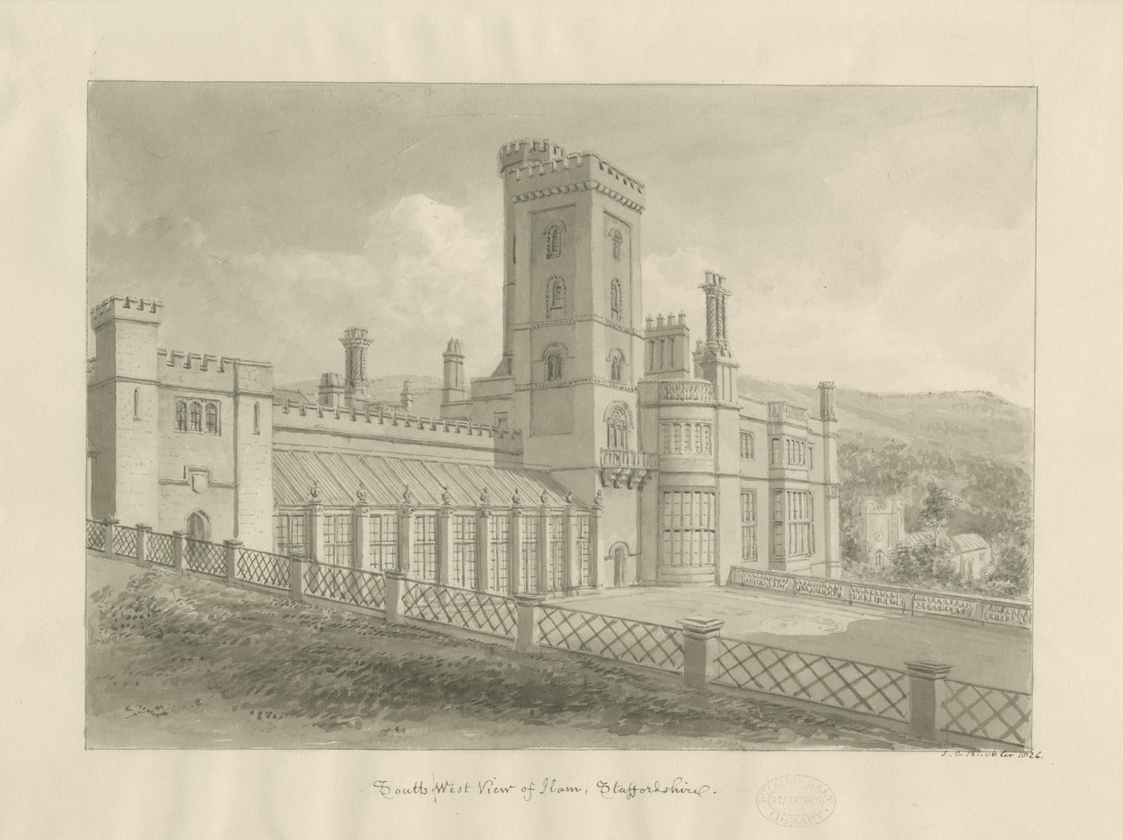 Ilam Hall: szépia rajz alkotó: John Chessell Buckler