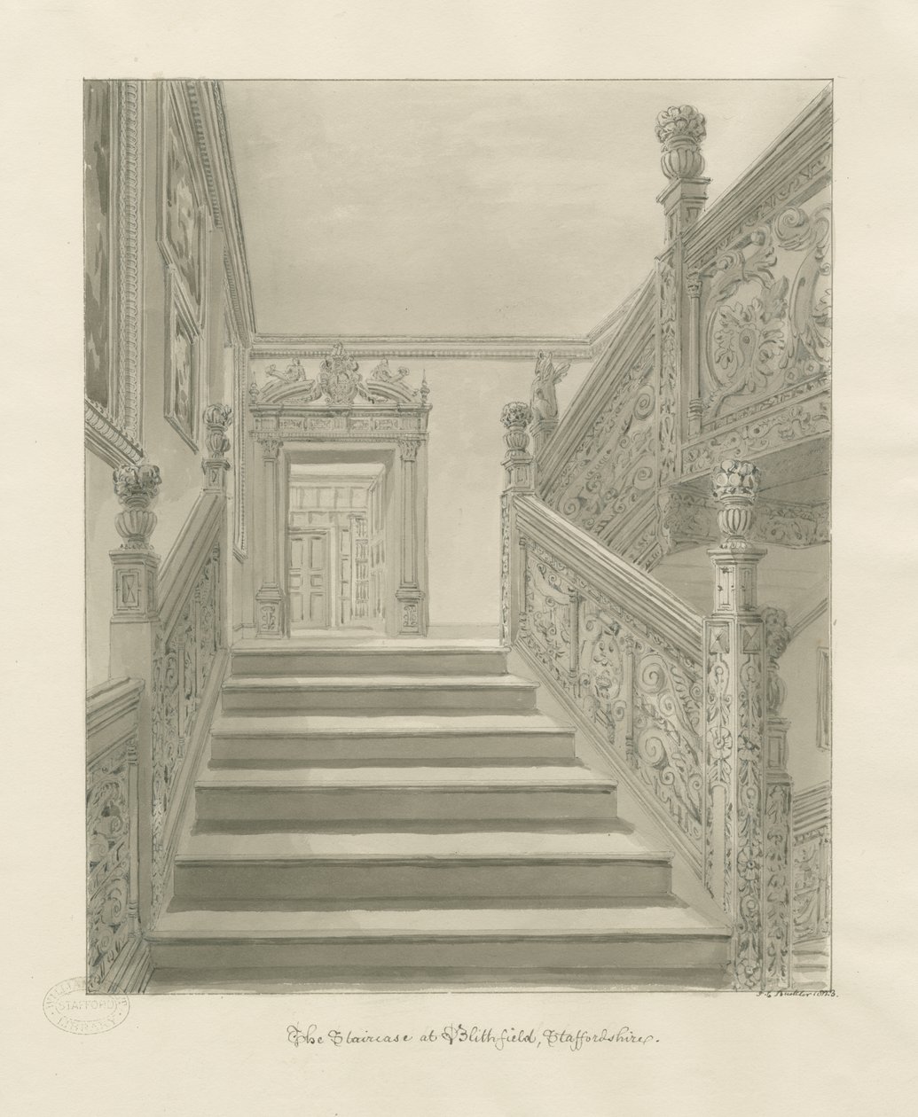 Blithfield Hall belseje: szépia rajz alkotó: John Chessell Buckler