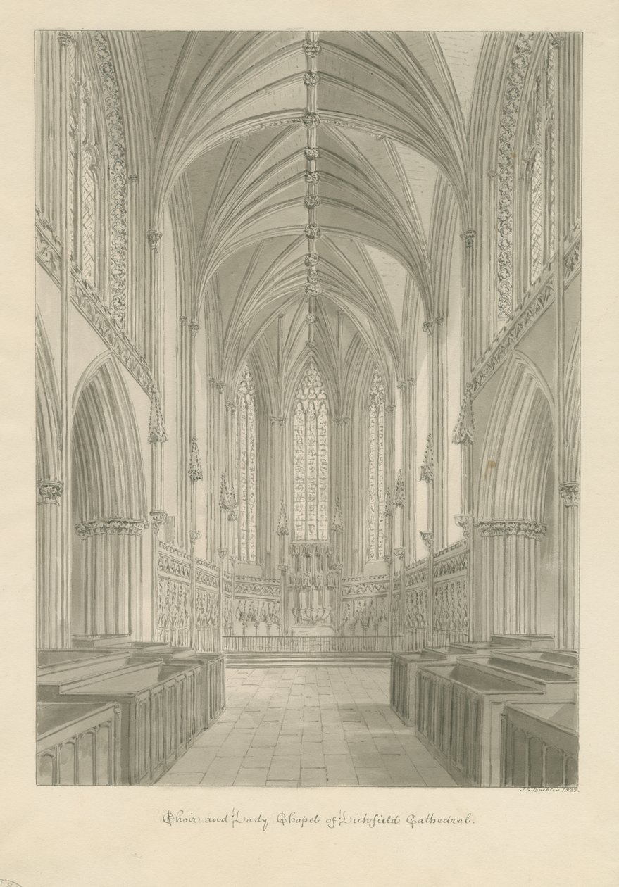 Lichfield székesegyház belseje - Kórus és Lady Chapel: szépia rajz alkotó: John Chessell Buckler