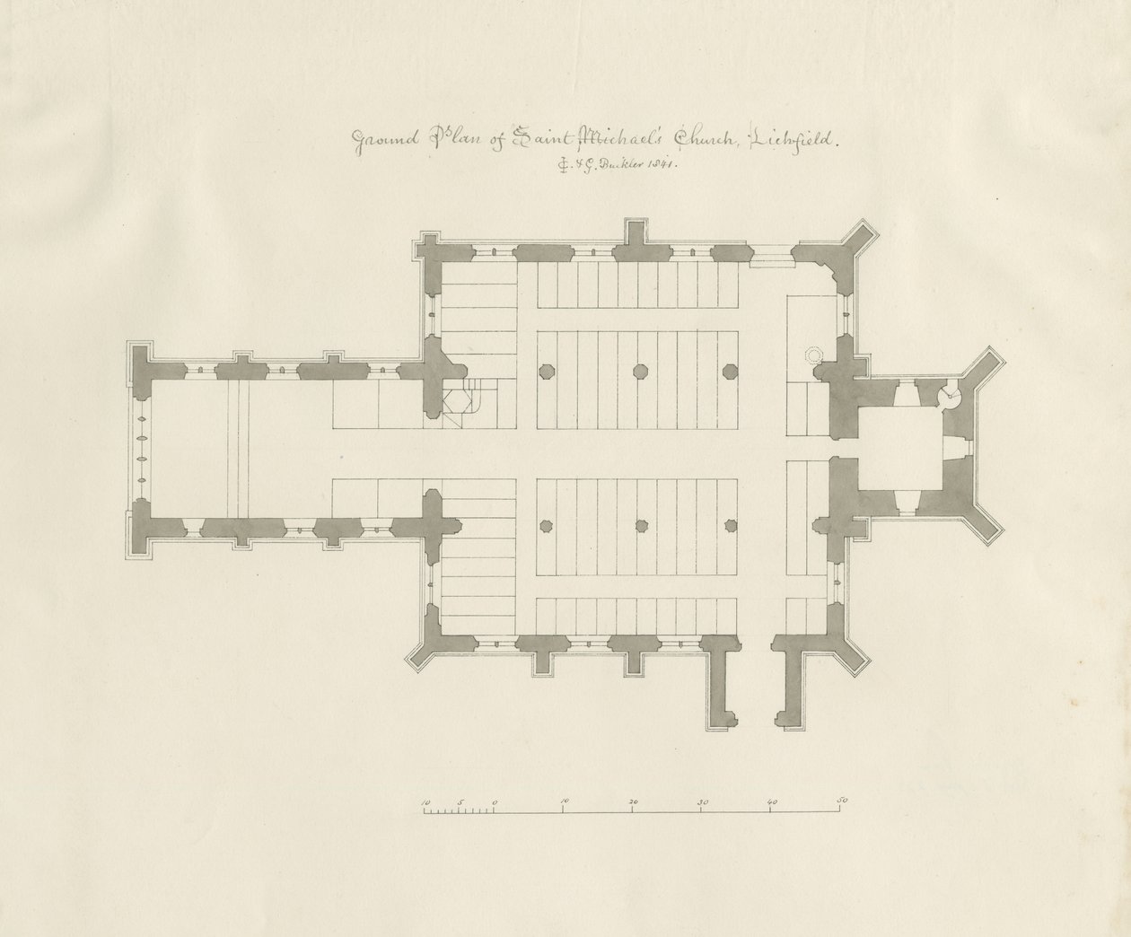 Lichfield - A Szent Mihály-templom alaprajza: toll- és szépiarajz alkotó: John Chessell Buckler