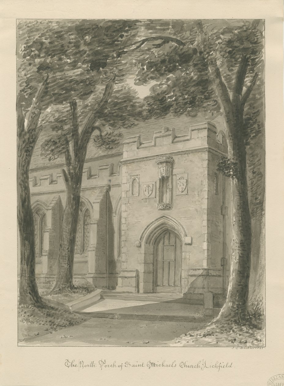 Lichfield - A Szent Mihály-templom északi tornáca: szépia rajz alkotó: John Chessell Buckler