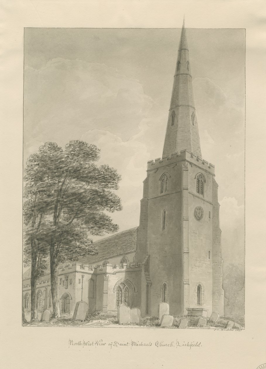 Lichfield - Szent Mihály templom: szépia rajz alkotó: John Chessell Buckler