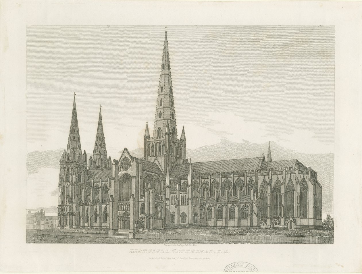 Lichfield katedrális – Délkeleti nézet: metszet, és [c 1820] (nyomtatás) alkotó: John Chessell Buckler