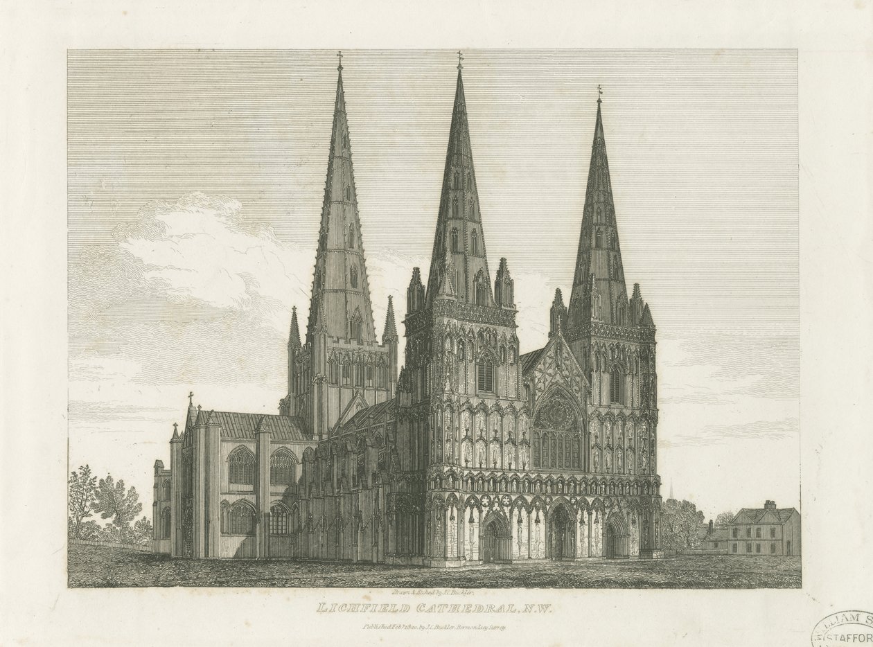 Lichfield katedrális – nyugati front: metszet, nd [c 1820] (nyomtatás) alkotó: John Chessell Buckler