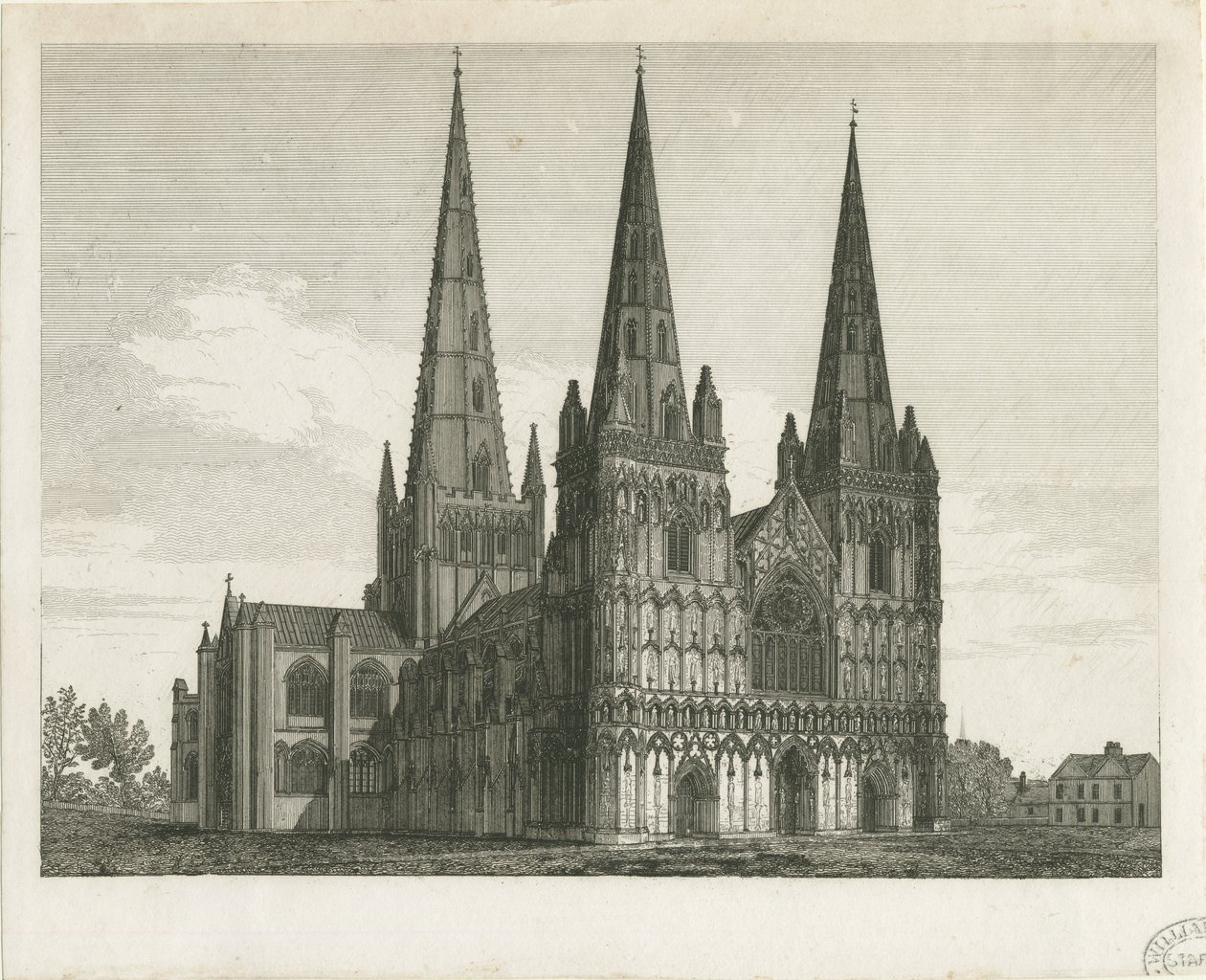Lichfield katedrális – Nyugati front: metszet, és [19. század eleje] (nyomtatott) alkotó: John Chessell Buckler