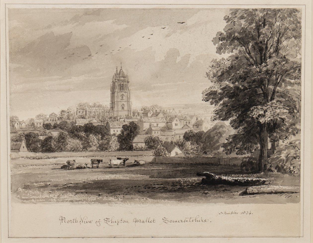 Shepton Mallet északnyugati képe, Somersetshire, 1834 (toll, ecset és tinta papíron) alkotó: John Chessell Buckler