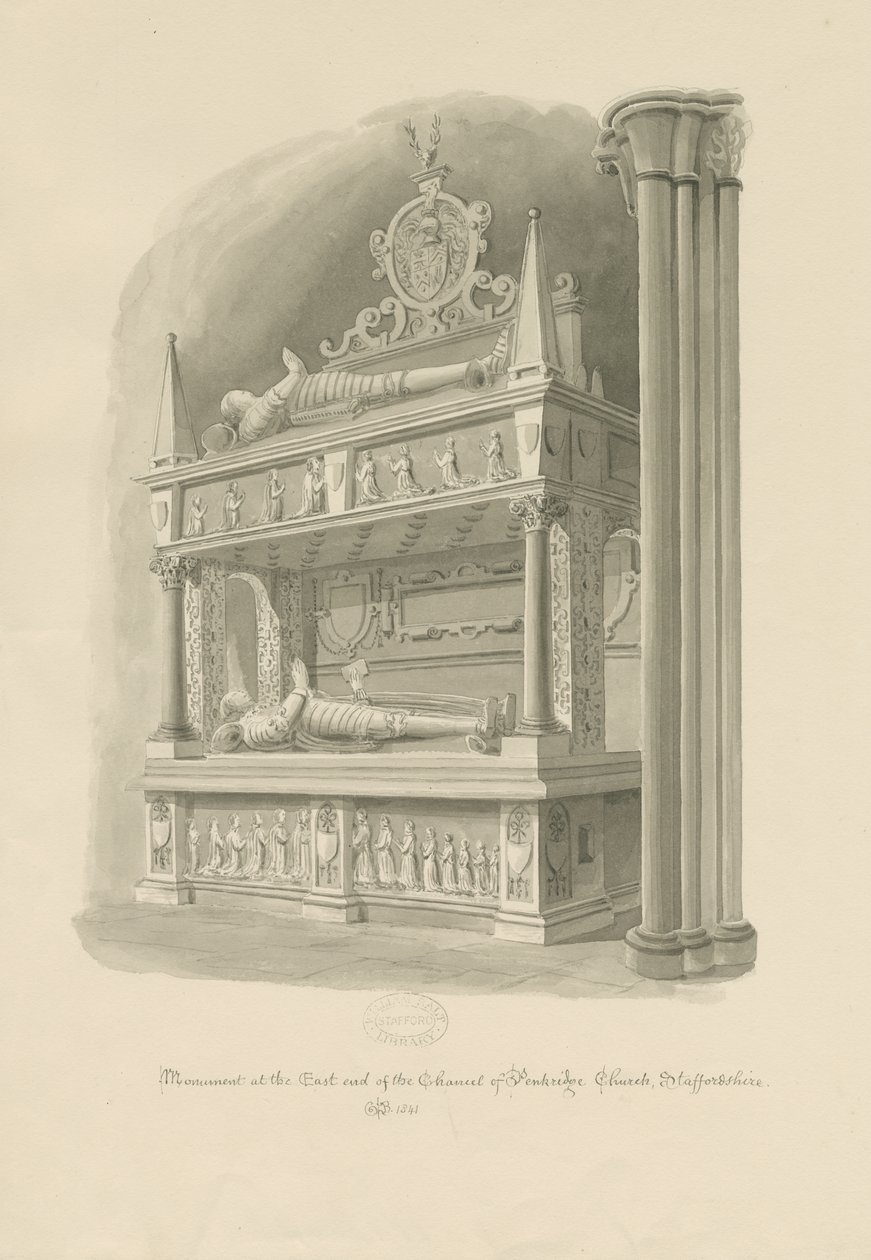 Penkridge templom – Sir Edward Littletons „kétszintes” sírja: szépia rajz alkotó: John Chessell Buckler