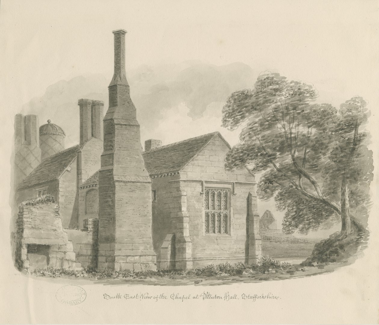 Pillaton Hall - Kápolna: szépia rajz alkotó: John Chessell Buckler