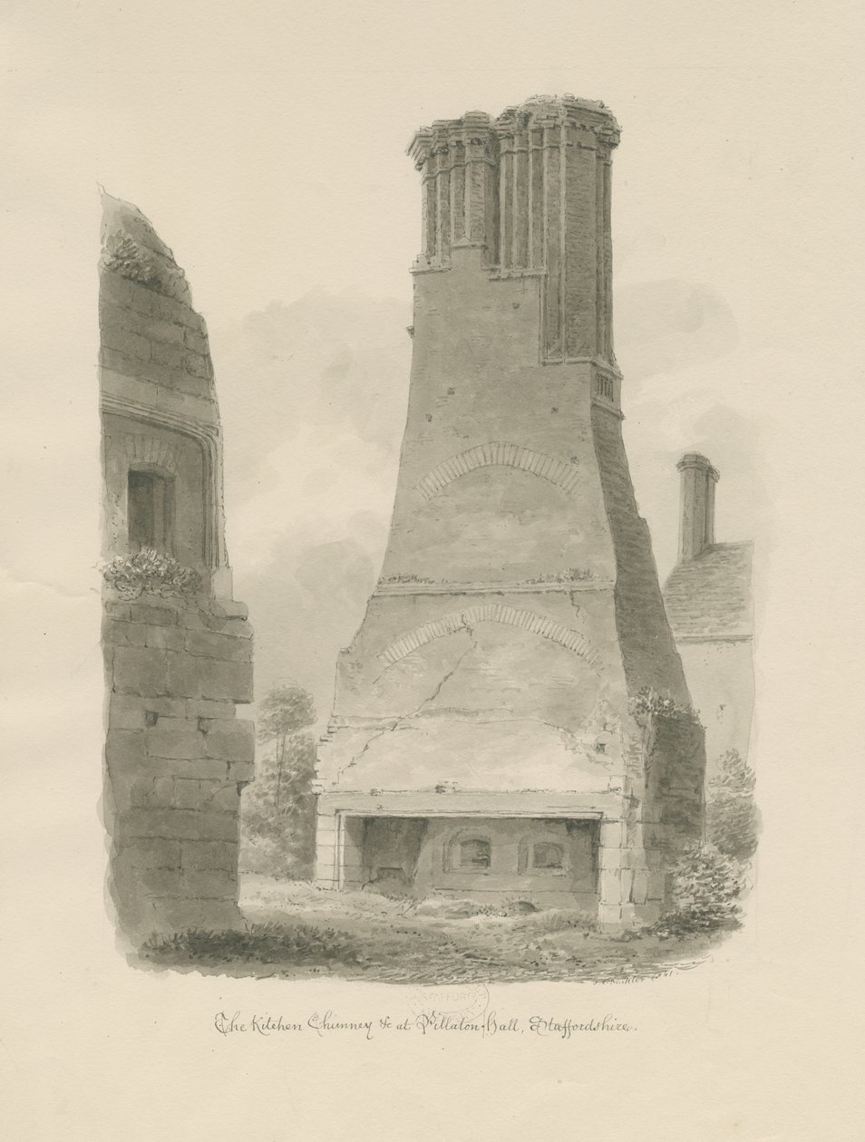 Pillaton Hall - Konyhakémény: szépia rajz alkotó: John Chessell Buckler