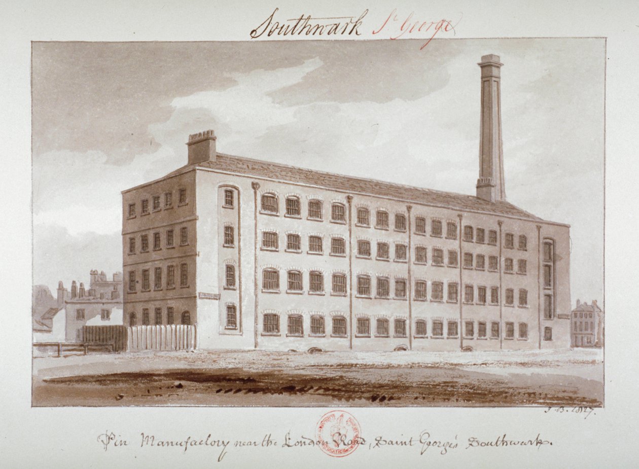 Pin manufaktúra a London Road közelében, Southwark, London, 1827 alkotó: John Chessell Buckler