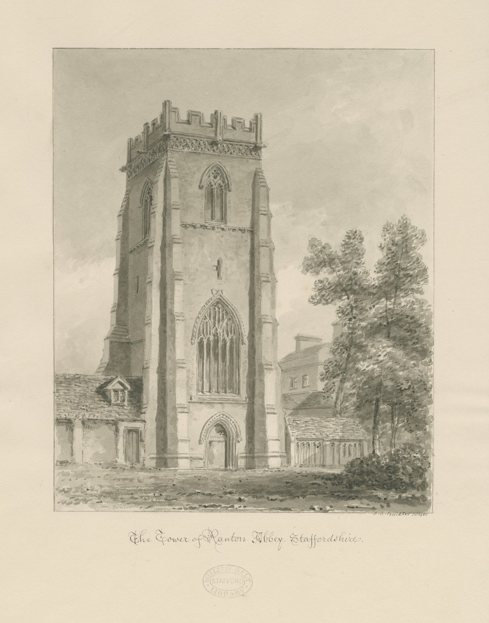 Ranton Abbey [Priory] - A torony: szépia rajz alkotó: John Chessell Buckler