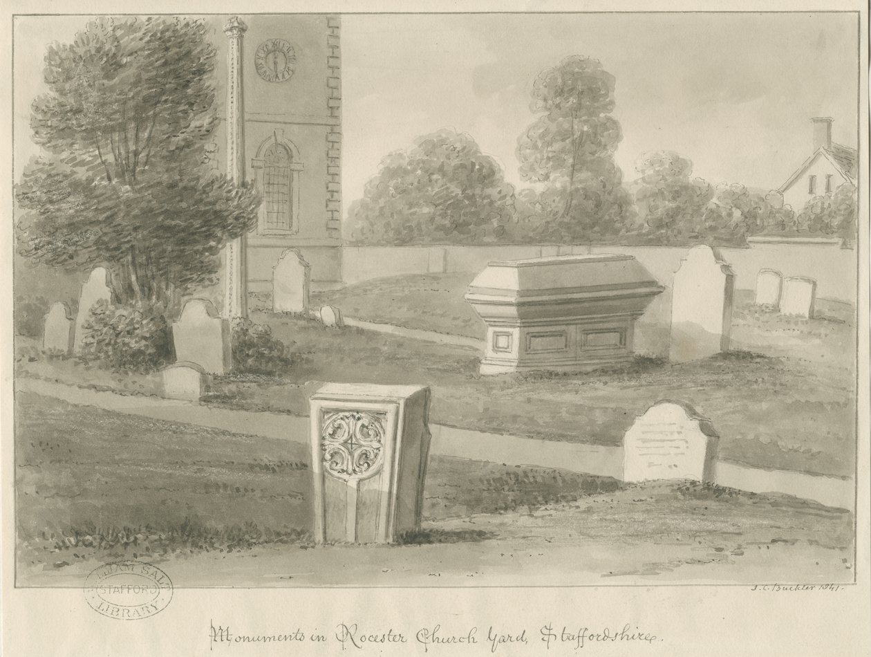 Rocester templom - Műemlékek és templomudvar: szépia rajz alkotó: John Chessell Buckler