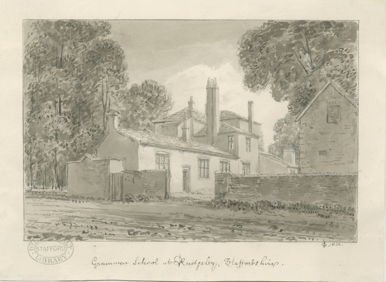 Rugeley Town - Gimnázium: szépia mosás rajz, 1824 alkotó: John Chessell Buckler