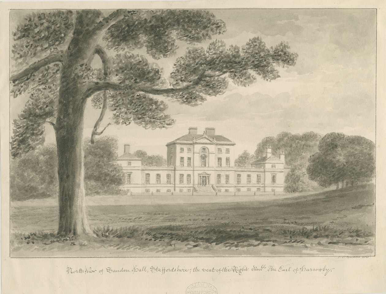Sandon Hall: szépia mosás rajz alkotó: John Chessell Buckler