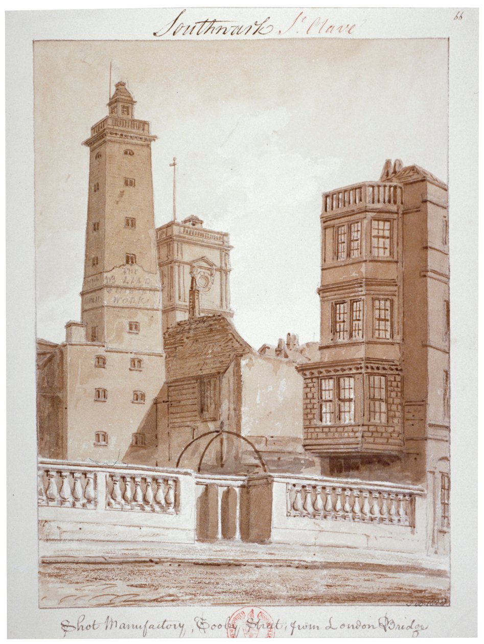 "Shot Manufactory, Tooley Street, a London Bridge-ről", Bermondsey, London, 1828 alkotó: John Chessell Buckler