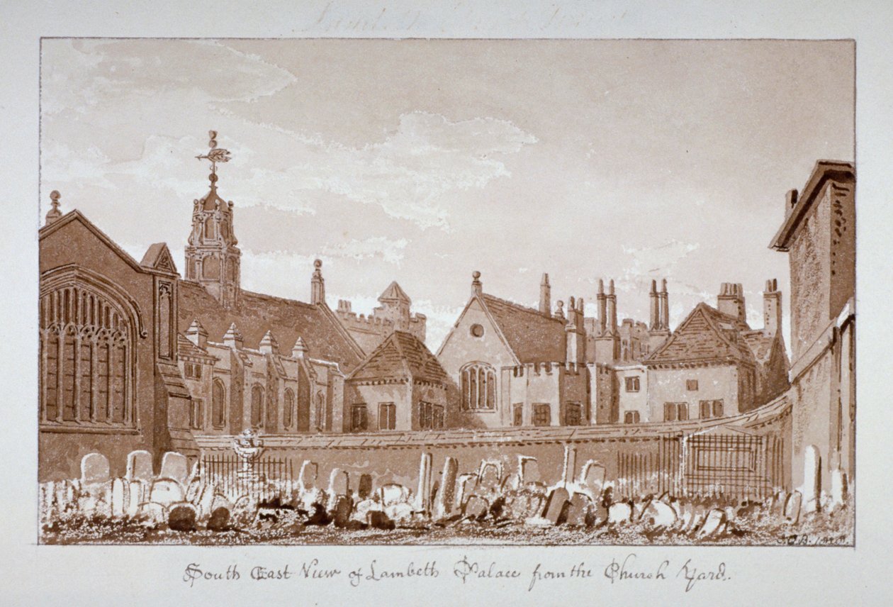 A Lambeth-palota délkeleti nézete a templomkertből, London, 1828 alkotó: John Chessell Buckler