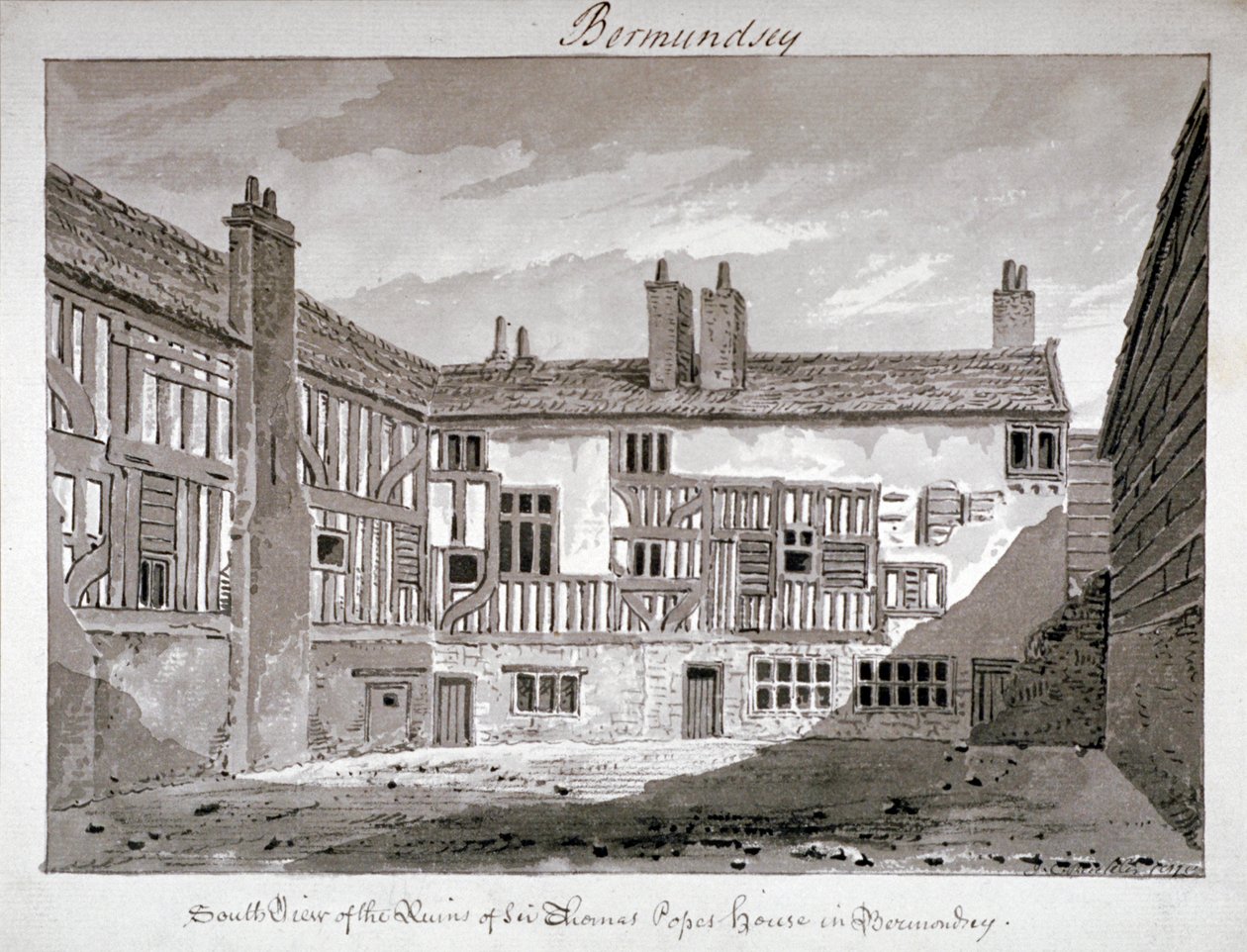 Déli nézet Thomas Pope házának maradványairól, Mill Lane, Bermondsey, London, 1808. alkotó: John Chessell Buckler