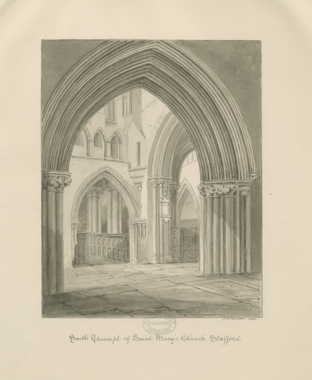 Stafford – A Szent Mária-templom belseje: szépia rajz, 1841 alkotó: John Chessell Buckler