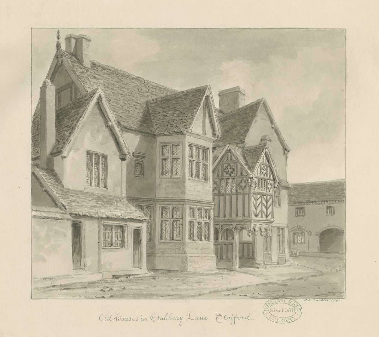 Stafford – Old Houses in Crabbery Lane: szépia rajz, 1841 alkotó: John Chessell Buckler
