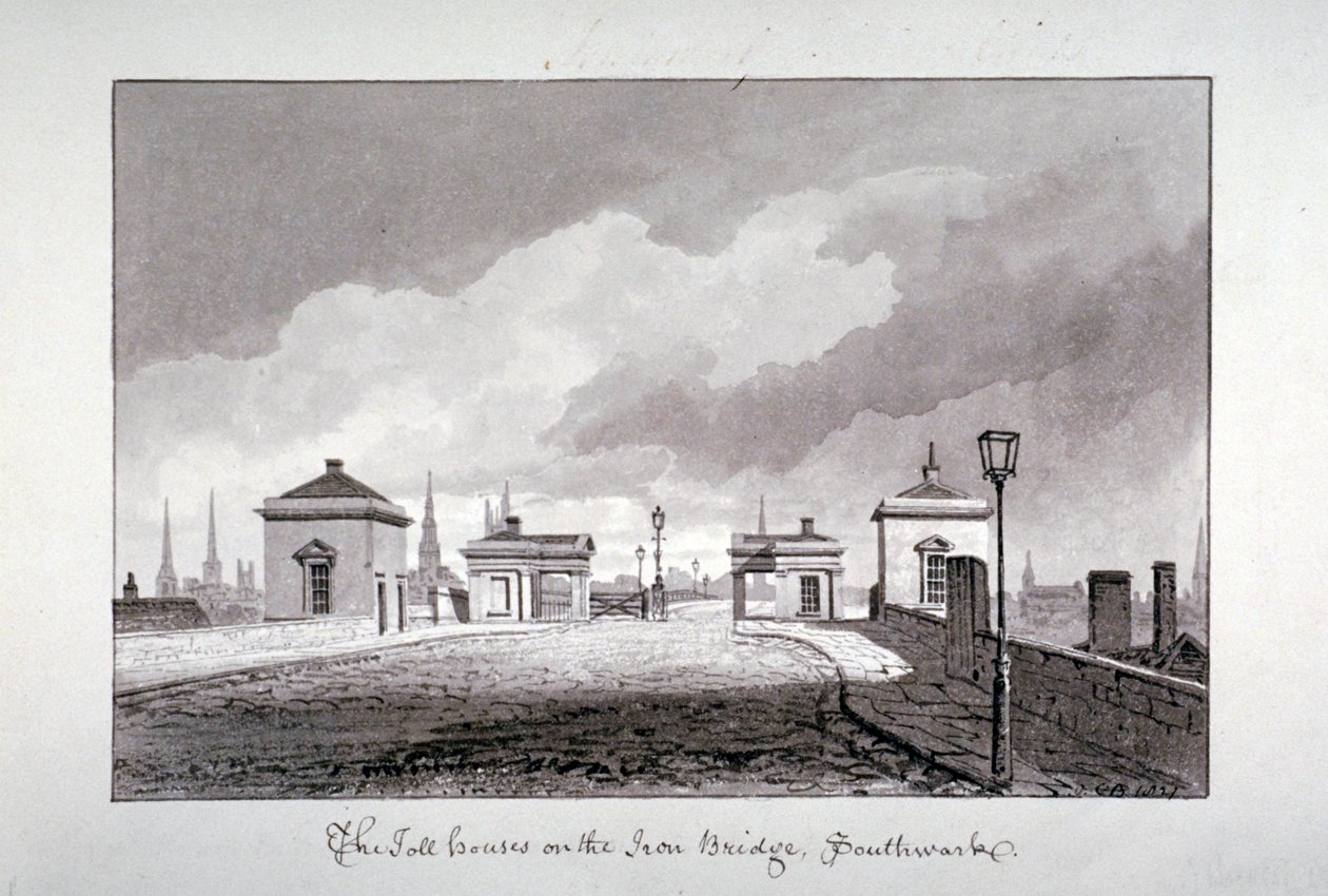 Fizetős házak a Southwark Bridge-en, London, 1827. alkotó: John Chessell Buckler