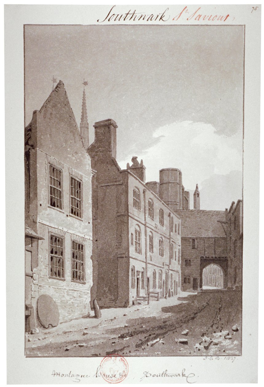 Kilátás a Montague House kapujára nézve, Southwark, London, 1827 alkotó: John Chessell Buckler