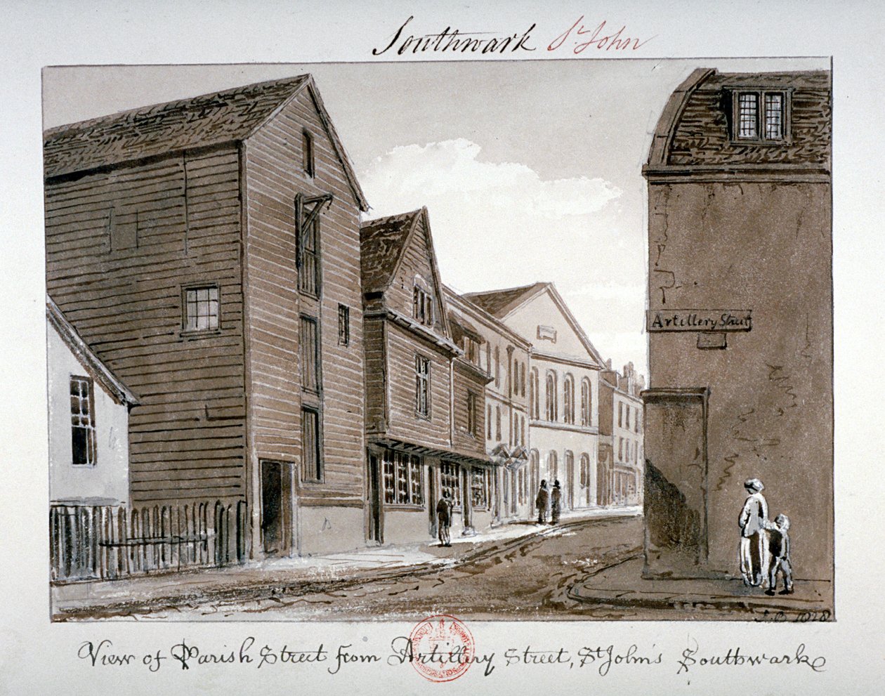Kilátás a Parish Streetre és az Artillery Streetre, Bermondsey, London, 1828 alkotó: John Chessell Buckler