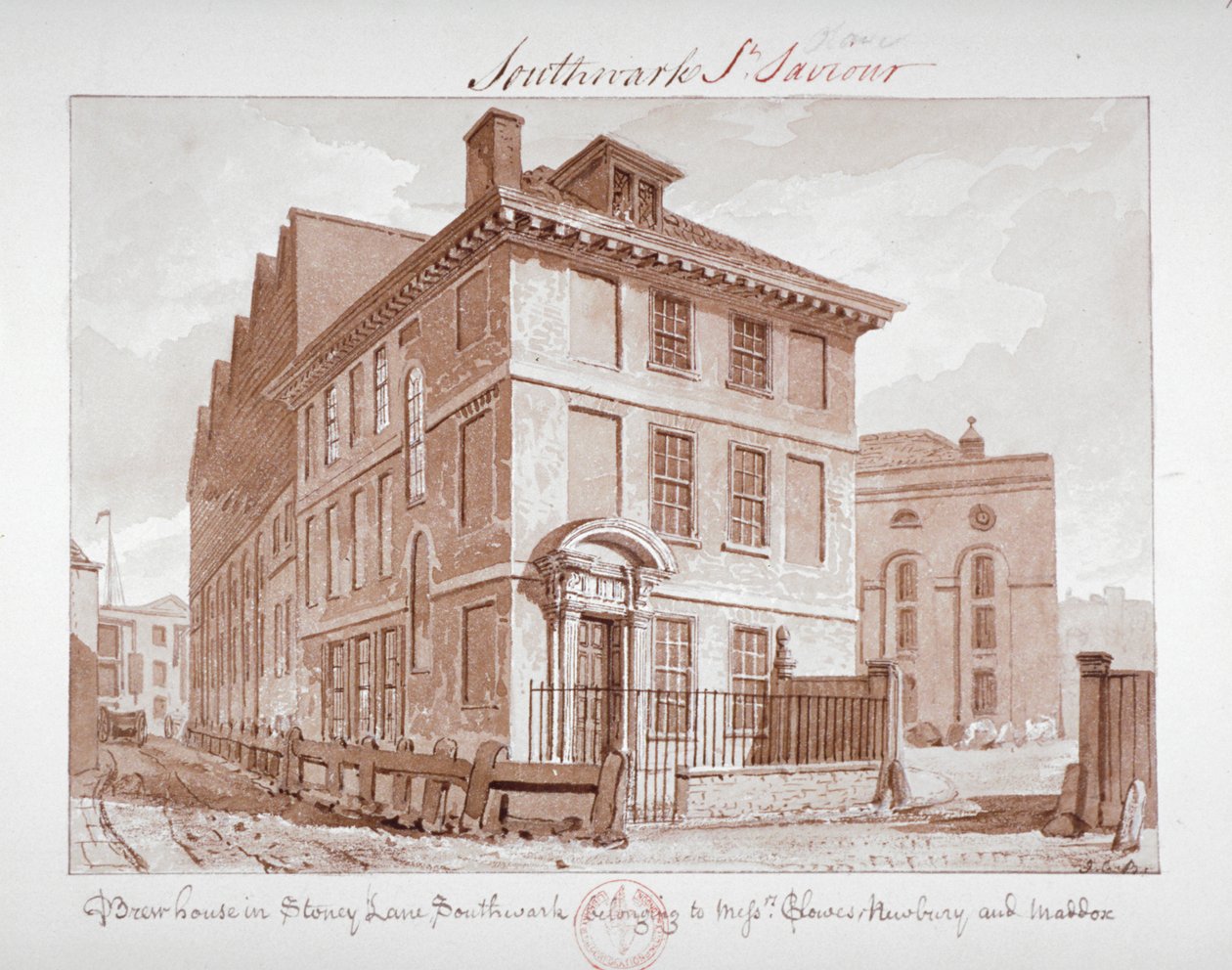 Kilátás egy sörfőzdere a Stoney Lane-en, Bermondsey, Southwark, London, c1827 alkotó: John Chessell Buckler