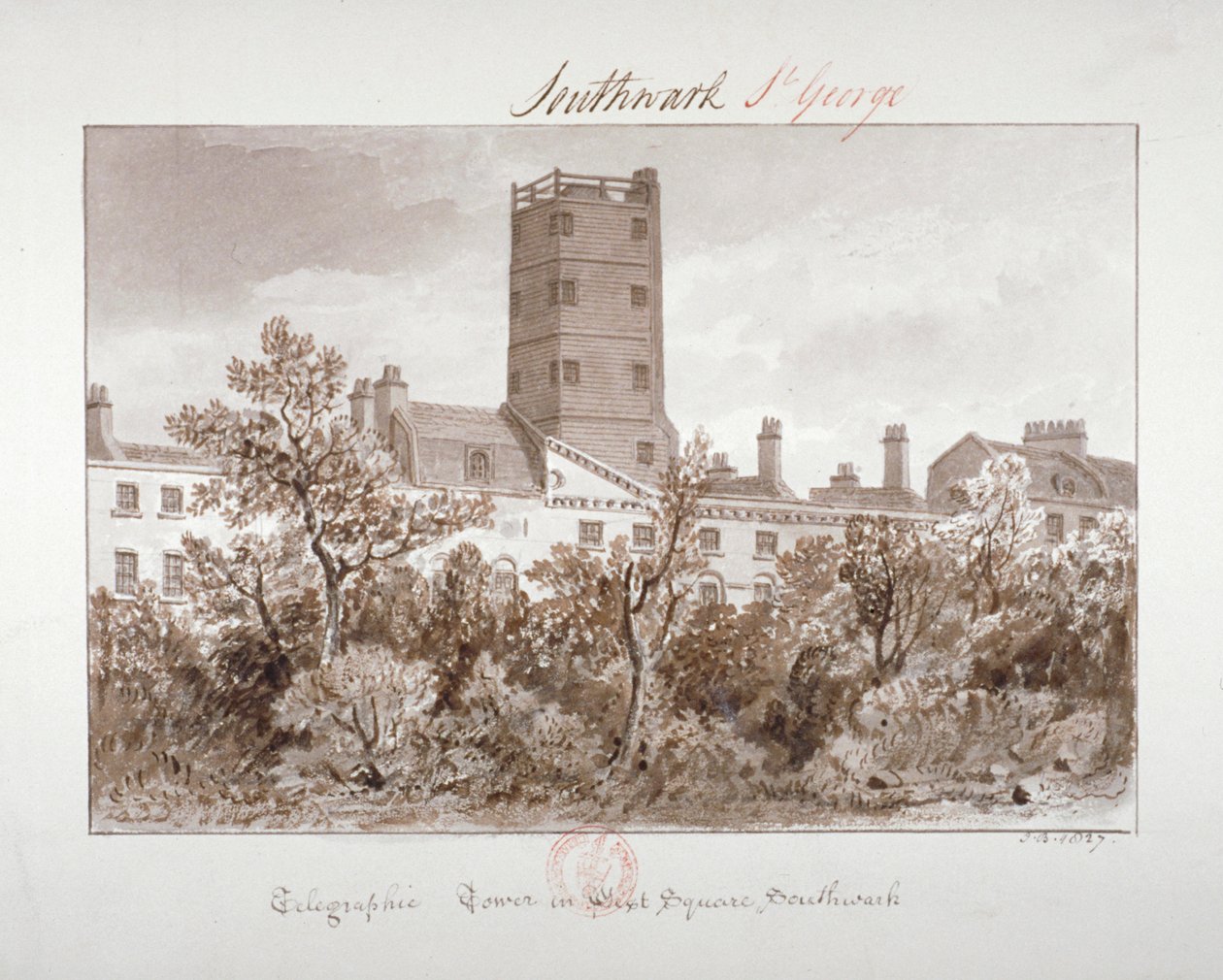 Kilátás a távirati toronyra a West Square-en, Southwark, London, 1827 alkotó: John Chessell Buckler